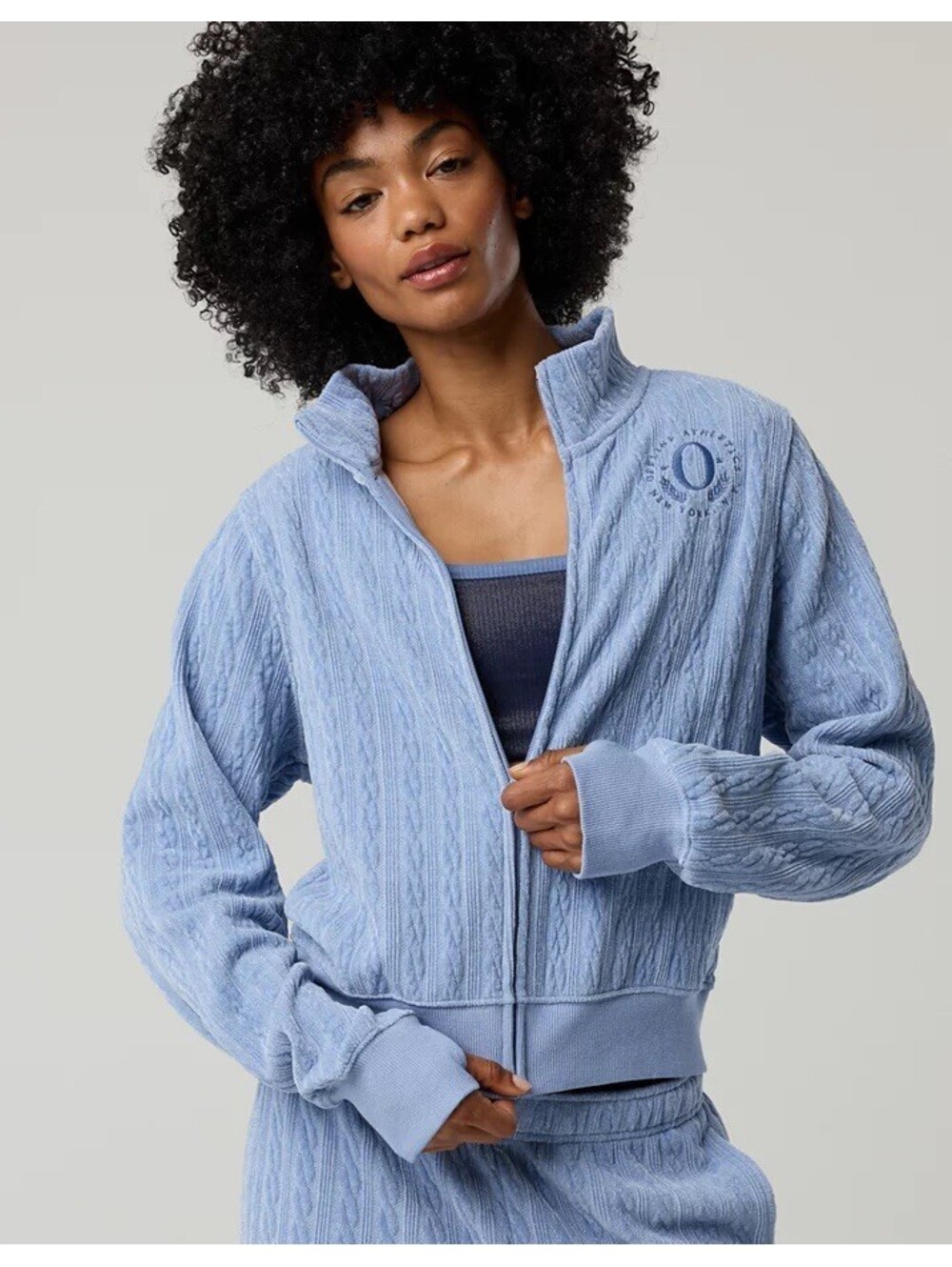 Offline by Aerie Blue Cable Knit Lounge Sweatshirt Athletics Logo Full Zip Large